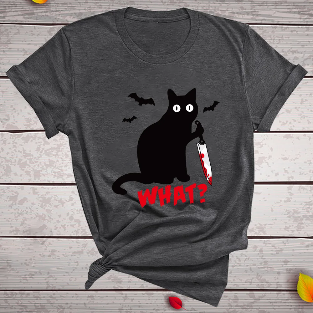 

Black Cat What Tshirt Murderous Cat Knife Women Funny T Shirt Short Sleeve Halloween Tops Tees Femme Camisetas Verano Mujer 2019