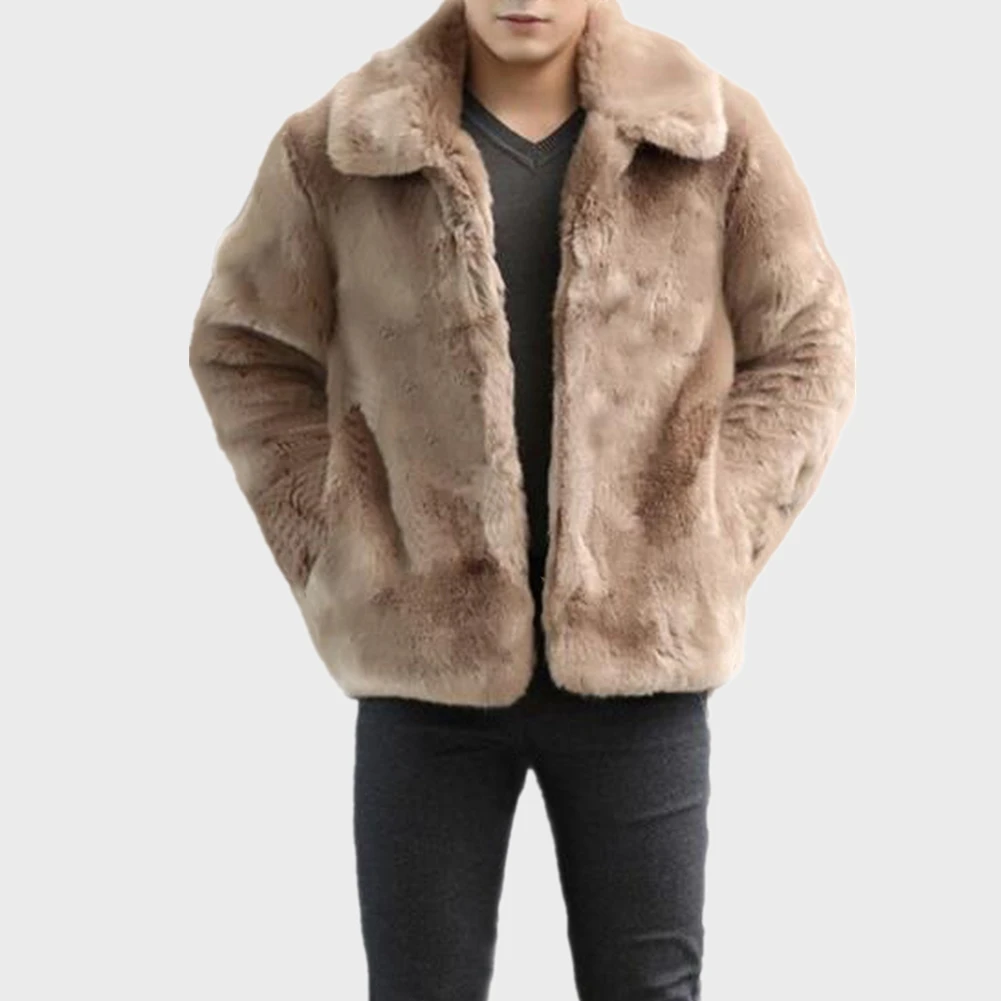 Men's Winter Parka Coat Warm Overcoat Long Sleeve Turn  Collar Soft Faux Fur Coat Jacket Short Outwears genuine leather motorcycle jackets