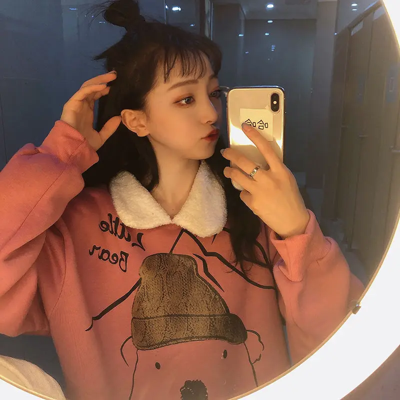 Толстовки женские с принтом зимние толстые бархатные с отложным воротником Kawaii универсальные свободные 2XL Корейский простой теплый пуловер Harajuku