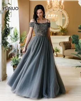 

YUNUO Off Shoulder Straps Tulle Ball Gown Evening Dresses with Luxury Crystals Prom Formal Party Gowns suknie wieczorowe