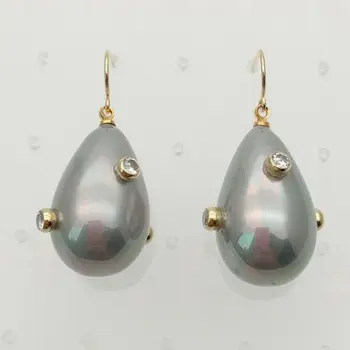 

Grey Teardrop Sea Shell Pearl Cz Pave Golden Plated Hook Earrings