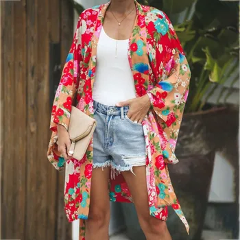 

2019 Spring Autumn Cardigan Vintage Floral Long Flare Sleeve Chiffon Blouse Ladies Loose Casual Resort beach seaside Shirt u