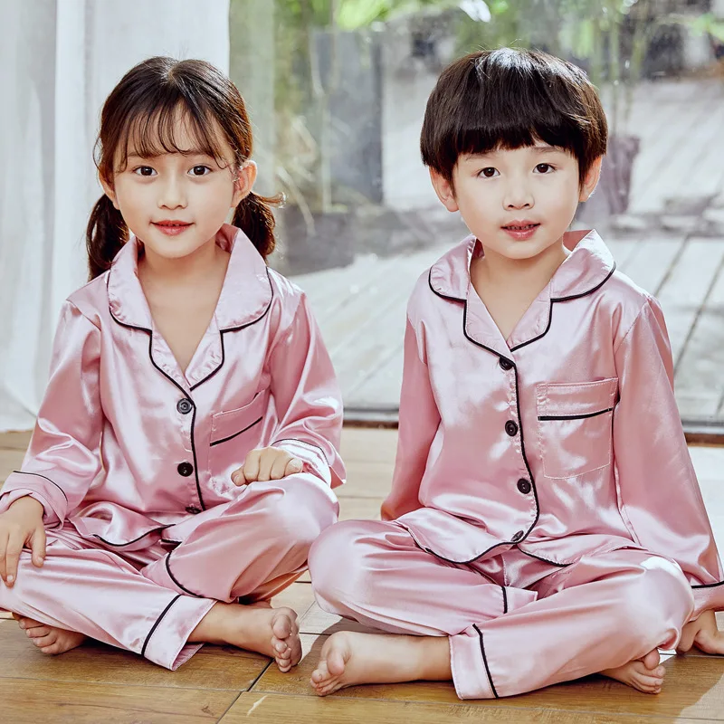 Детские пижамы Летний Шелковый комплект домашней одежды с длинными рукавами для мальчиков и девочек на лето, весну и осень