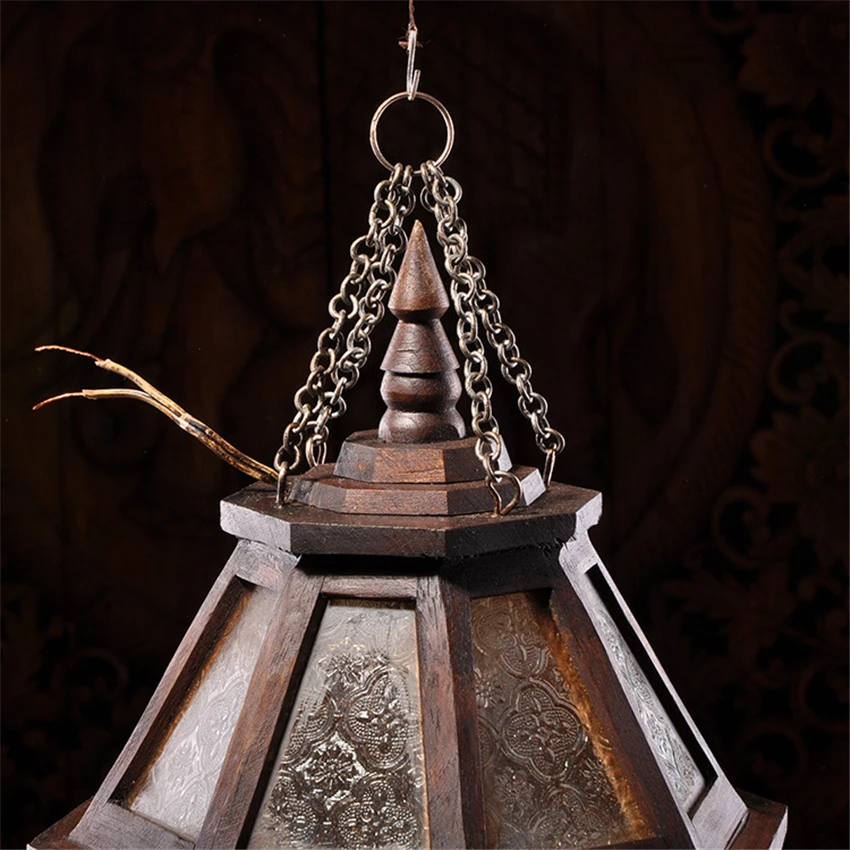 Southeast Asia Diamond-shaped Glass Pendant Lights Bedroom Bedside Lamps Thai Decoration Loft Vintage Solid Wood Hanging Lights