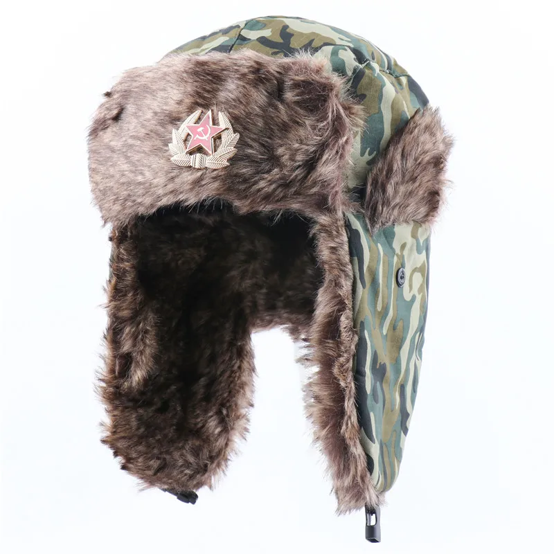 Winter Hat Soviet Army Bomber Hats Winter Trooper Trapper Hat Ushanka Russian Hat with Faux Fur Outdoor Sports Skiing Warm Ear Flaps Earflap Hat Faux Fur Hat