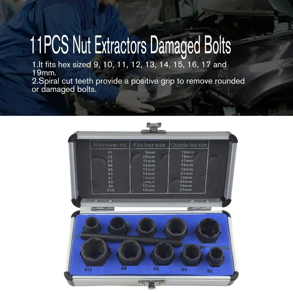 

11PC Nut Extractors Damaged Bolts Nuts Screws Remover Extractor Multifunction Removal Tools Set Broken Bolt Removal Kit