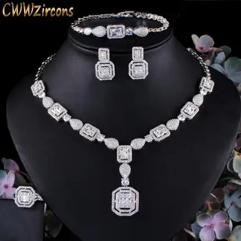 

CWWZircons 4 pcs Luxury White Cubic Zircon Women Wedding Costume Jewelry Sets for Brides Dubai Gold Color Party Accessories T483