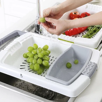 

Kitchen Chopping Board with Retractable Drain Basket Basin Colander Non-slip Cutting Board Portable 3 In 1 Kitchen Organizer