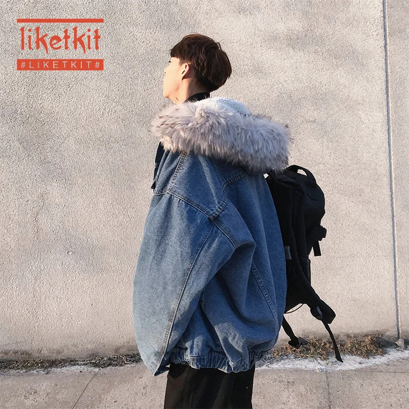 Liketkit мужские зимние джинсовые куртки с капюшоном 2019 одноцветные винтажные