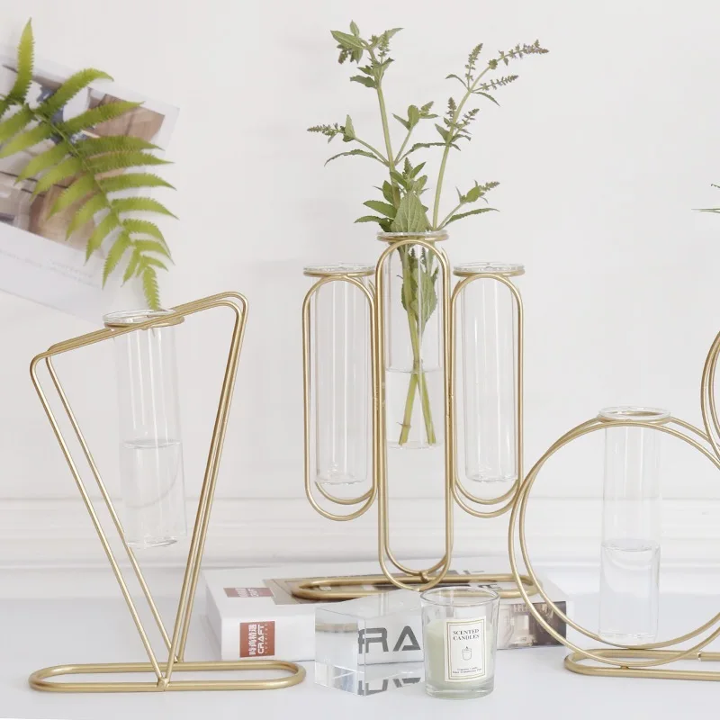 

Nordic Wind Vase Decorated With Gold Wrought Iron Transparent Glass Tube Hydroponic Vessels Water Plant Containers Handmade