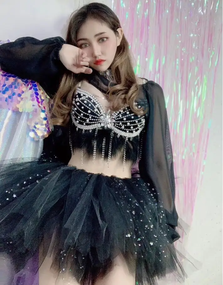 Белый жемчуг стразы бахрома черный бюстгальтер с перьями юбка комплект бар Пром для женщин певица наряд вечернее DS танцевальный наряд