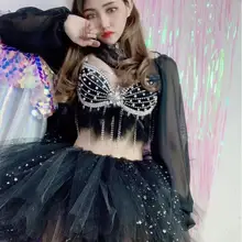 Белый жемчуг стразы бахрома черный бюстгальтер с перьями юбка комплект бар Пром для женщин певица наряд вечернее DS танцевальный наряд