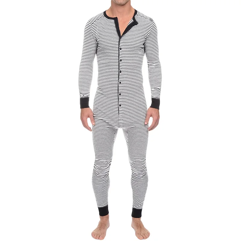 Male Underwear 3Xl Mens One Piece Pajamas Jumpsuit Homewear Striped Long Sleeve Comfortable Button Sleepwear Nightwear Pajamas men bodysuits men jumpsuits