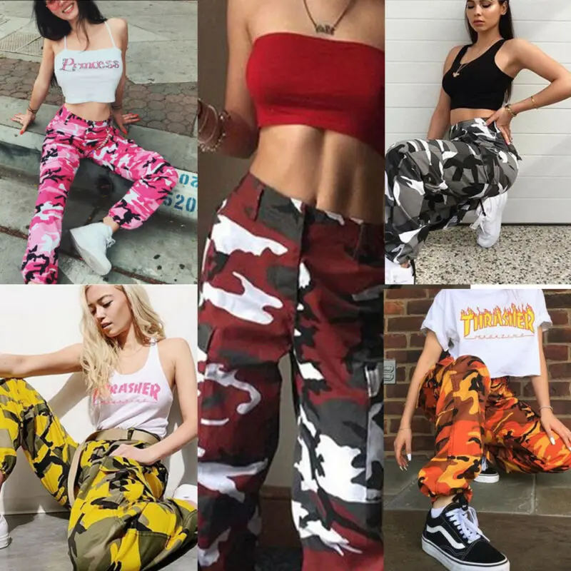 Summer Women\'s Ladies Camo Cargo Trousers Pants Casual Pants Military Army Combat Camouflage Jeans Pencil Pants Pink Red Gray