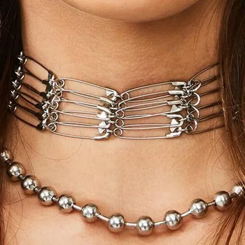 

Fashion Metal Punk Beads Multilayer Safety Pin Collar Chokers For Women Trendy Statement Choker Necklaces bijoux