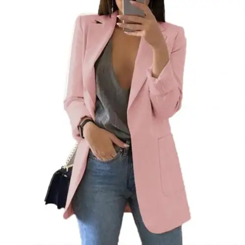 Pink XXL Модный женский офисный костюм, сплошной цвет, без пуговиц, с отворотом, приталенный Блейзер, пальто, шик - Цвет: Pink XXL