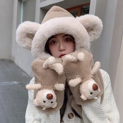 шапка 2021 New Autumn Winter Three Piece Set Plush Bear Gloves Hat Scarf Integrated Outdoor Plush Thickened Fashion H Letter