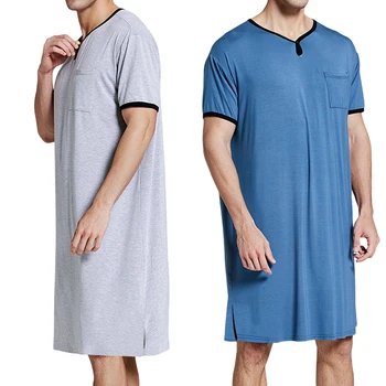 

Men Long Sleeping Pajamas Shirt V-Neck Short Sleeve Loose Solid Collar Chest Pockets Breathable Pullover Sleepwear