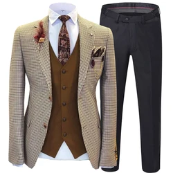 Men's Suit Brown Formal 3 Pieces Slim Fit Shawl Lapel Plaid Soft Wool Tweed Prom Grey Tuxedos Wedding Groomsmen (Blazer+Pants)