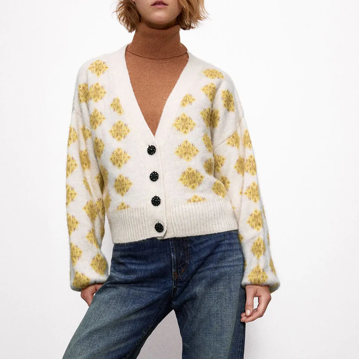 

Jastie Oversize Jacquard Knit Cardigan Jacket Women V-Neck Long Sleeve Autumn Winter Sweater Ribbed Trims Chic Pull femme 2020