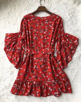 

Women Red Printed Flare Sleeve O Neck Viscose Soft High Waist Ruffle Mini Dress With Belt