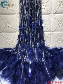 

Alisa navy blue african lace fabric 2020 high quality embroidered with feather 5 yards/pcs french tulle laces fabrics for sewing