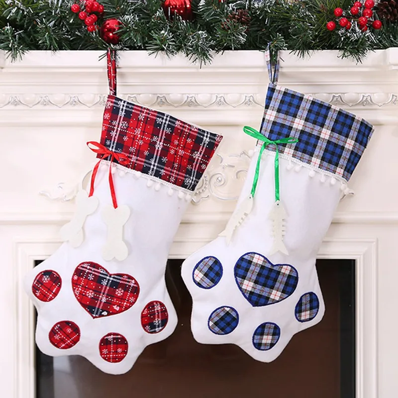 20*45cm Plaid Christmas Stocking New Year Gift Bag For Pet Dog Cat Christmas Goods Xmas Tree Hanging Ornaments Navidad