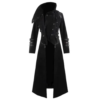 

KLV Fashion Jackets Mens Gothic Hooded Trench Party Costume Tailcoat Long Sleeve Jacket Patchwork Coats Winter Fashion Quality