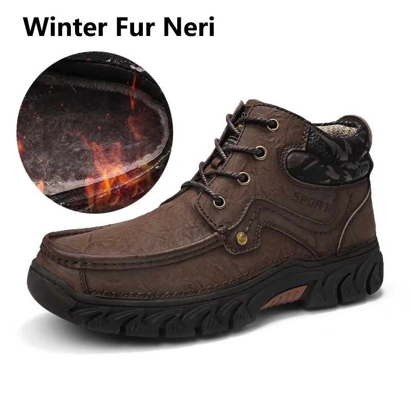 Dark Brown Fur Мужские рабочие ботинки; Уличная обувь из коровьей кожи; мужские резиновые ботильоны; высококачественные зимние кроссовки; Мужская меховая обувь; теплая Рабочая обувь - Цвет: Dark Brown Fur