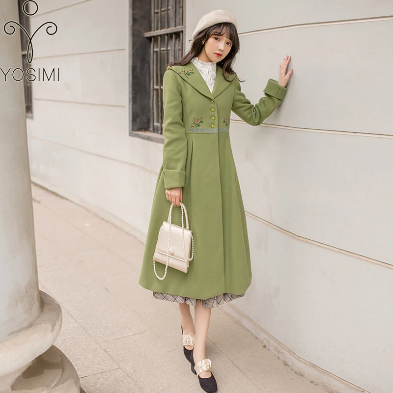 

YOSIMI 2019 Winter Wool Coat Women Elegant Woolen Mid-calf Coat Turn-down Collar with Hooded Long Coat Jacket Floral Embroidery