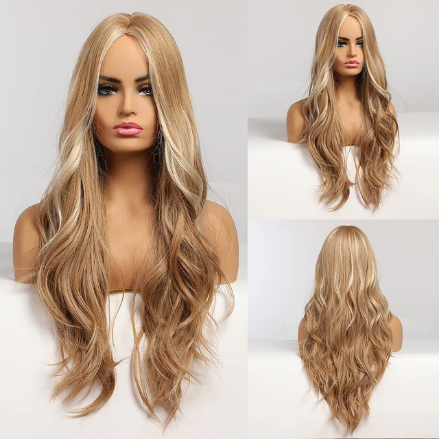 EASIHAIR Long Dark Brown Women's Wigs with Bangs Water Wave Heat Resistant Synthetic Wigs for Black Women African American Hair LC326-1