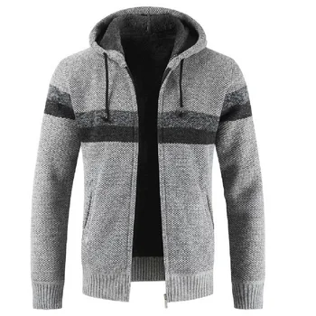

Men's Fashion Autumn and Winter Thick Warm Sweater Coats Males Striped Zipper Hooded Cardigans Casual Slim Fit Coats 2019 New