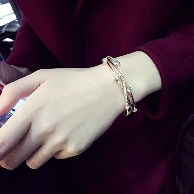 Очаровательный женский круглый хрустальный вечерние браслет, модный браслет с крестиком из розового золота и серебра, элегантные свадебные браслеты для женщин