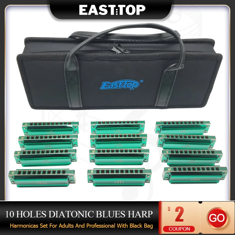 EASTTOP 메이저 블루스 하모니카 세트, 12 키 디아토닉 하모니카, C D E F G A Bb B Ab의 키, 성인 초보자 학생 및 어린이용