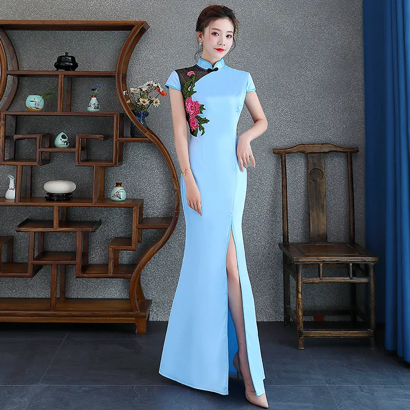 Красное женское платье Cheongsam с цветочным рисунком, элегантный в китайском стиле, длинное Qipao, женские вечерние платья, сексуальные тонкие свадебные платья, Vestidos XS-3XL