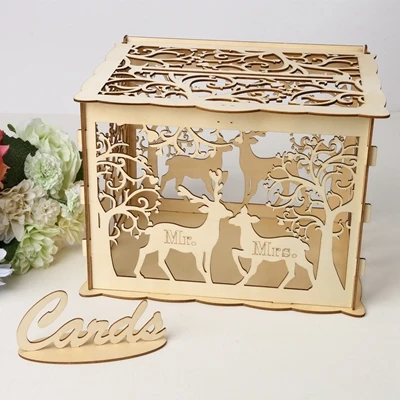 Свадебная открытка коробка деревянная коробка для денег Свадебные украшения поставки для дня рождения хранения денег с 50 шт деревянные Сердца - Цвет: Couple deer