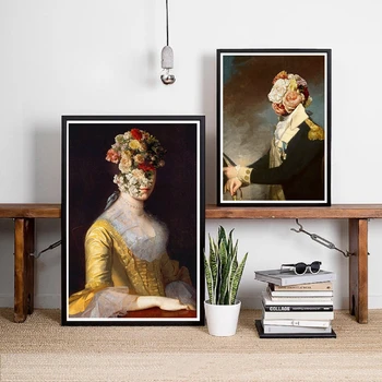 

Flower Veil Portrait of Woman and Soldier Retro Poster Art Prints Collage Surreal Art Canvas Painting Wall Picture Home Decor