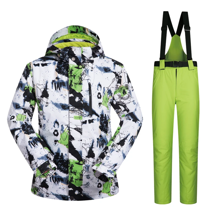 Мужской лыжный костюм, новинка, уличная теплая водонепроницаемая ветрозащитная дышащая мужская зимняя куртка для сноуборда и штаны, зимний костюм, набор брендов - Цвет: BLV  GREEN