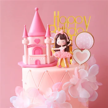 

Pink Castle Ballet Girl Bow Princess Baby's Happy Birthday Cake Topper Kid Party Supplies Pink Love Gifts