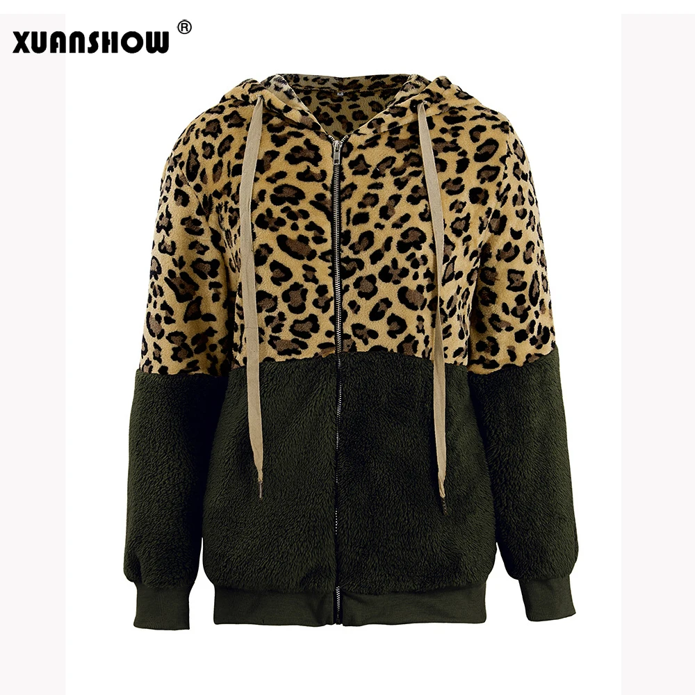 XUANSHOW зимнее модное пальто с леопардовым принтом Лоскутные женские куртки плюшевые флокированные теплые толстовки на молнии дамское пальто