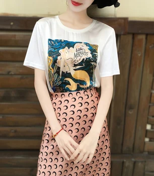 

2020 Summer Women Two Pieces Sets New Fashion Elegant Printed Silk Tops T-shirt and Acetate Skirt Set