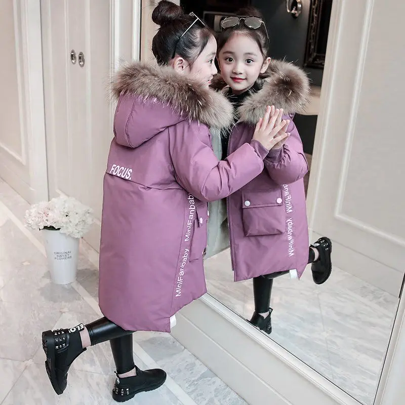 

New Fashion Children Winter Down Cotton Jacket Girl Clothing Kids Clothes Warm Thick Parka Fur Collar Hooded Long Coats 3-14Y