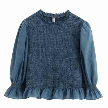 

women vintage O neck solid color ruffles elastic blouse puff sleeve smock shirts female agaric lace chemise blusas tops LS6406