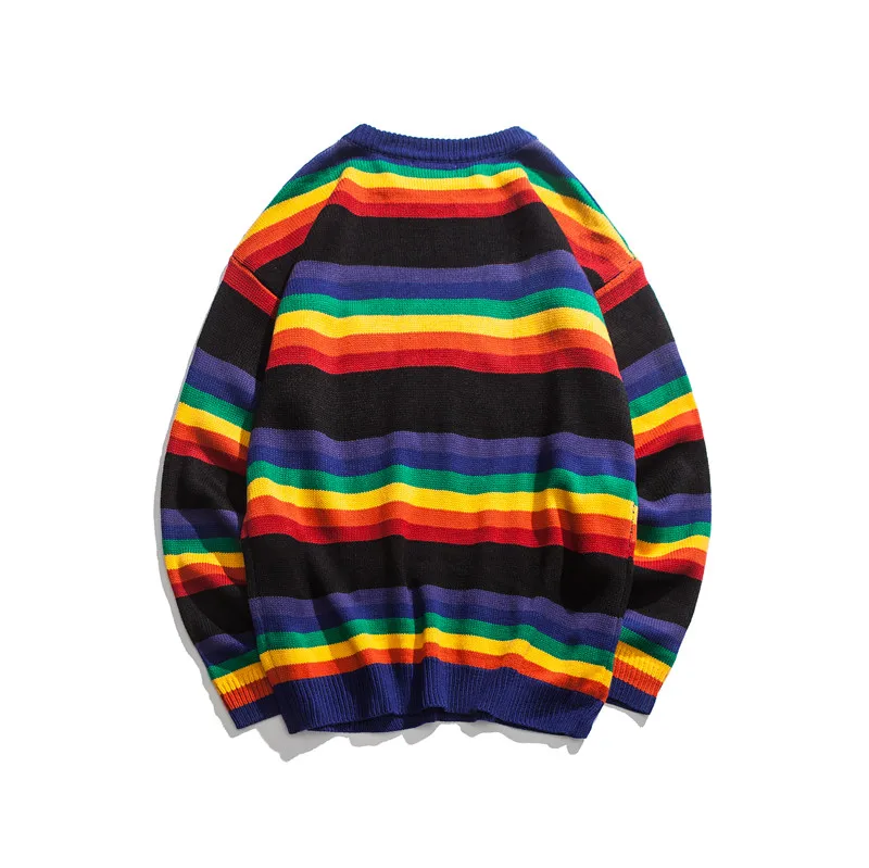 Rainbow Stripe Pullovers Sweatshirts Men Sweater 2019  New Winter Autumn Letter Embroidery O-neck Korean Style Men Warm Sweater