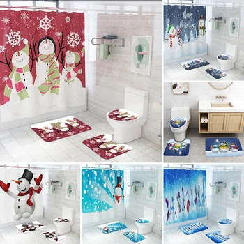 

Christmas Snowman Print Bath Mats 4PC Bathroom Set Rug Anti Slip Carpet Shower Curtainfor Home Decor Toilet Mat 3D Bathroom Rug
