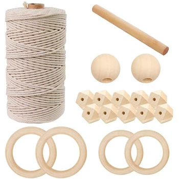 

Natural Macrame Cord Cotton Rope M with Wood Ring Wood Stick for DIY Teether Macrame Kit Wall Hanging Plant Hanger