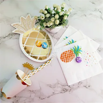 

16 Sets Gold Pineapple Tableware Baby Shower Birthday Dinner Paper Plate Sweet Dishes Cups Napkin Straws for Wedding Engagement