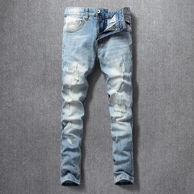 

Italian Style Fashion Men Jeans Retro Light Blue Slim Fit Ripped Jeans Men Patch Hip Hop Pants Streetwear Vintage Designer Jeans
