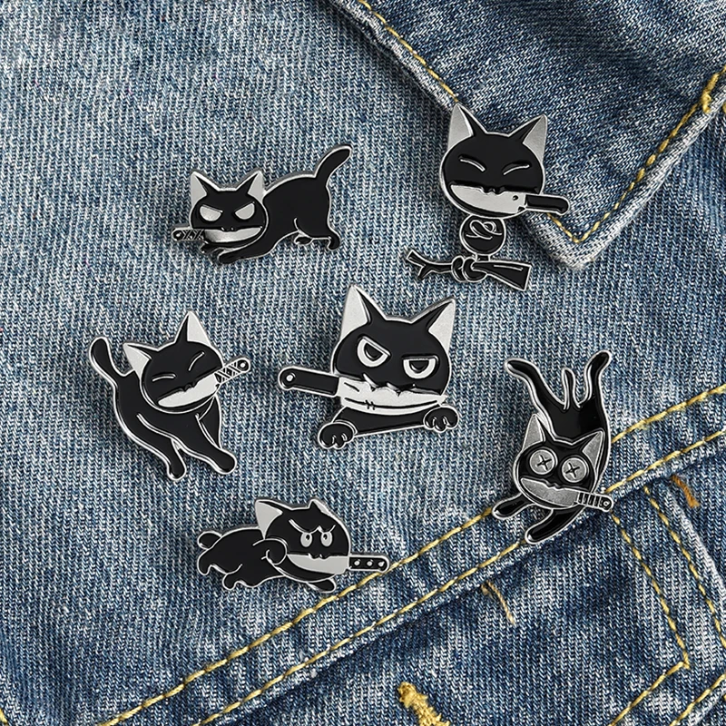 Nero-ninja-gatti-Smalto-Risvolto-Spilli-Kung-Fu-Coltello-Spille-Distintivi-E-Simboli-Animale-di-Modo