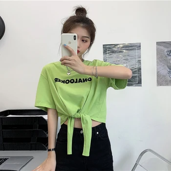 

PX343 Design sense bandage careful machine letter printed T-shirt for women